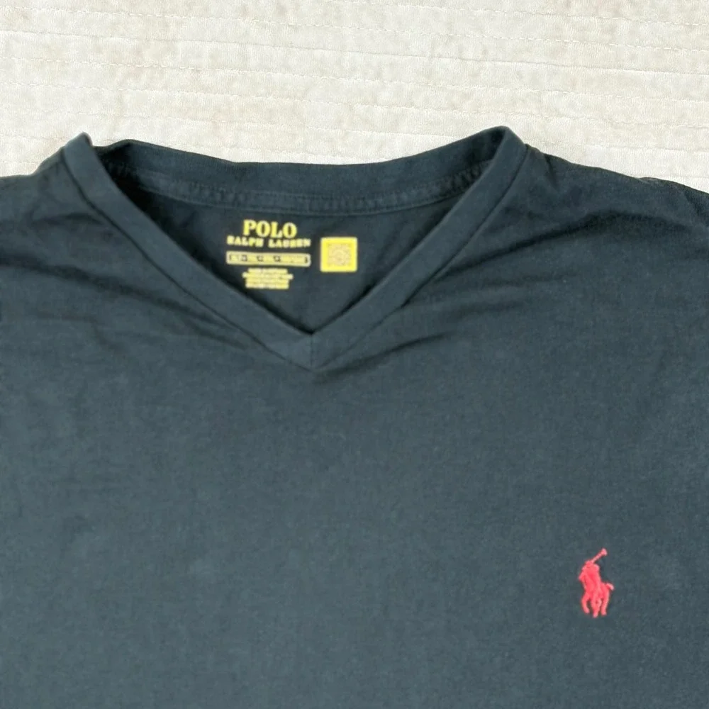 Polo Ralph Lauren Mens XLT Black V-Neck T-Shirt Red Pony Cotton Short Sleeve Tee